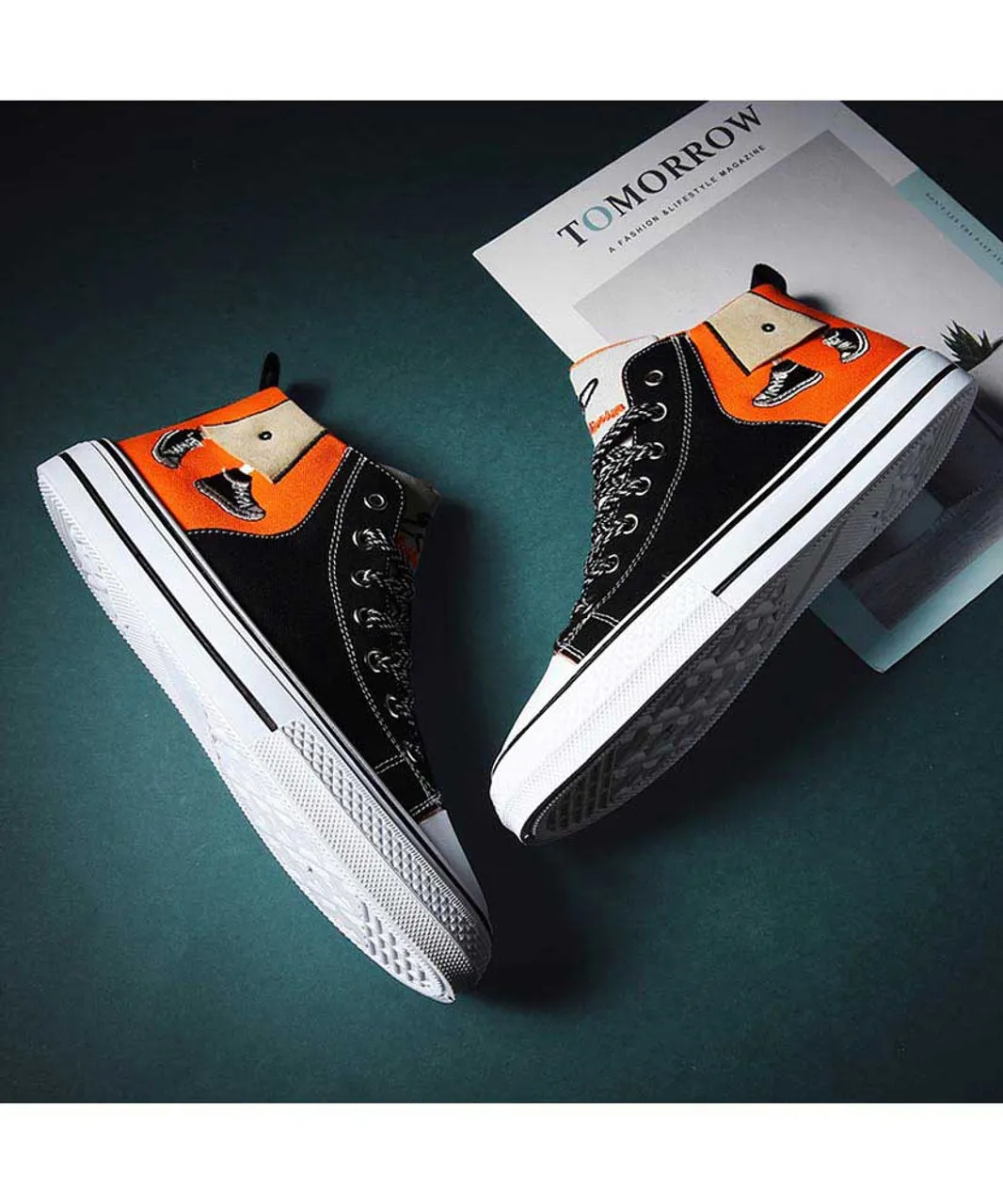 Black orange canvas walking pattern shoe sneaker boot