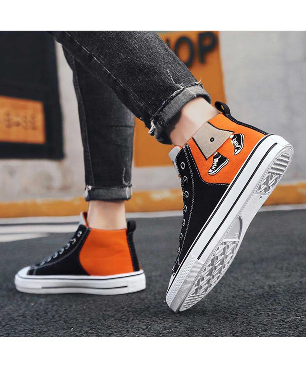 Black orange canvas walking pattern shoe sneaker boot