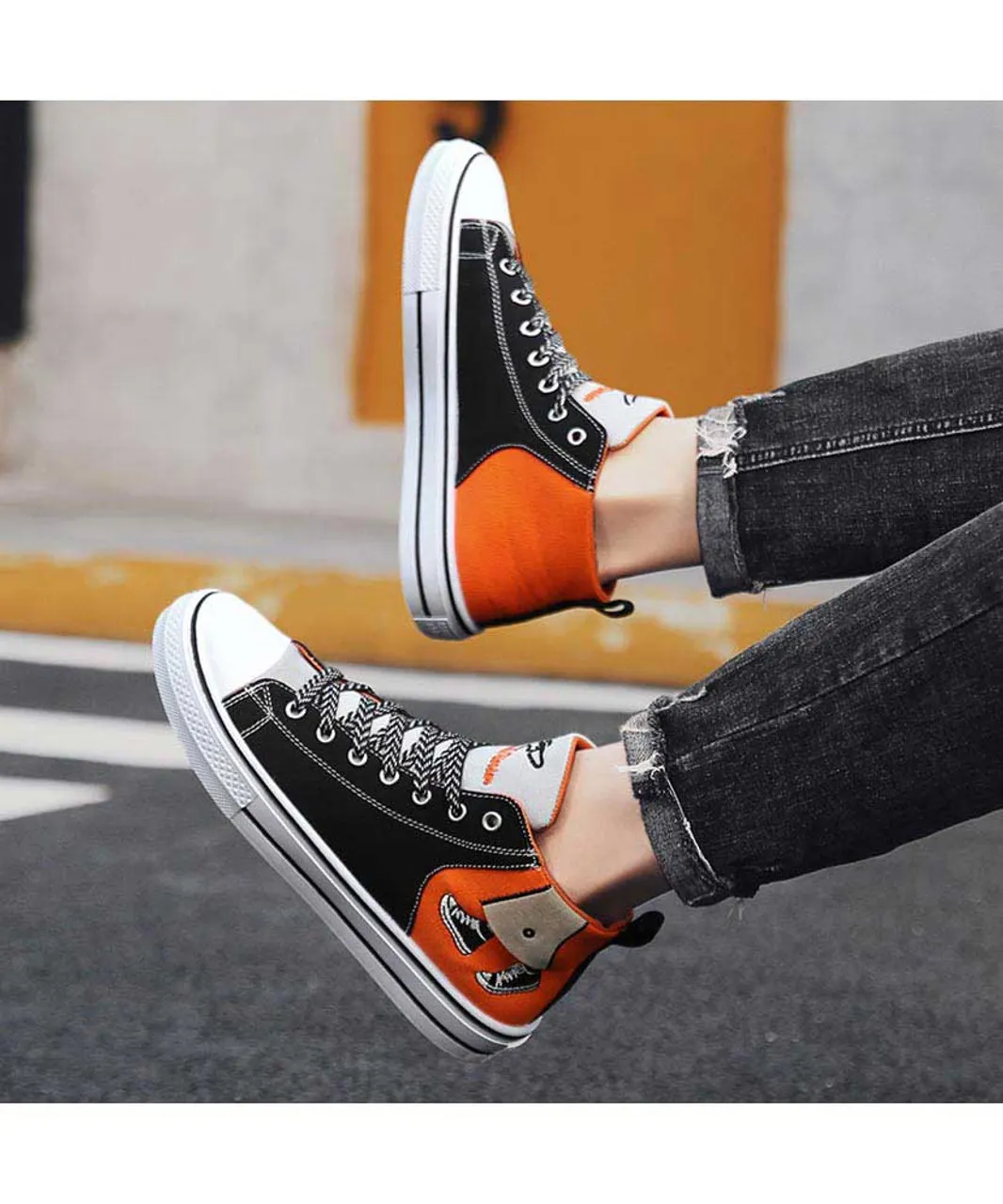 Black orange canvas walking pattern shoe sneaker boot