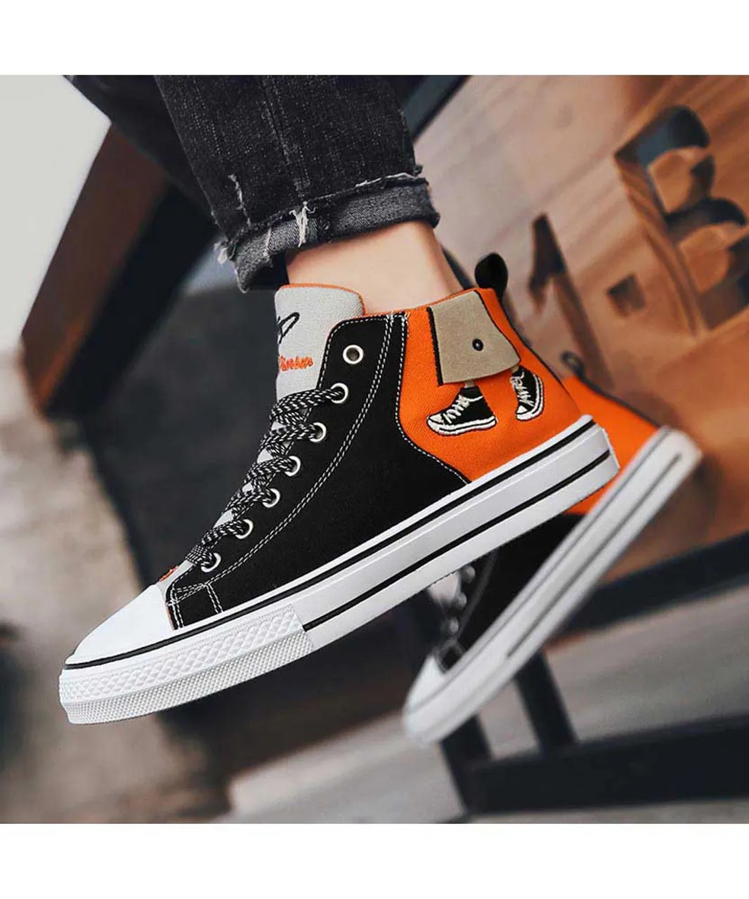 Black orange canvas walking pattern shoe sneaker boot