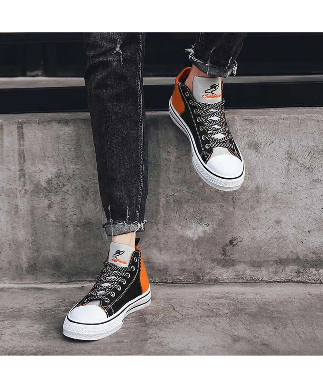 Black orange canvas walking pattern shoe sneaker boot