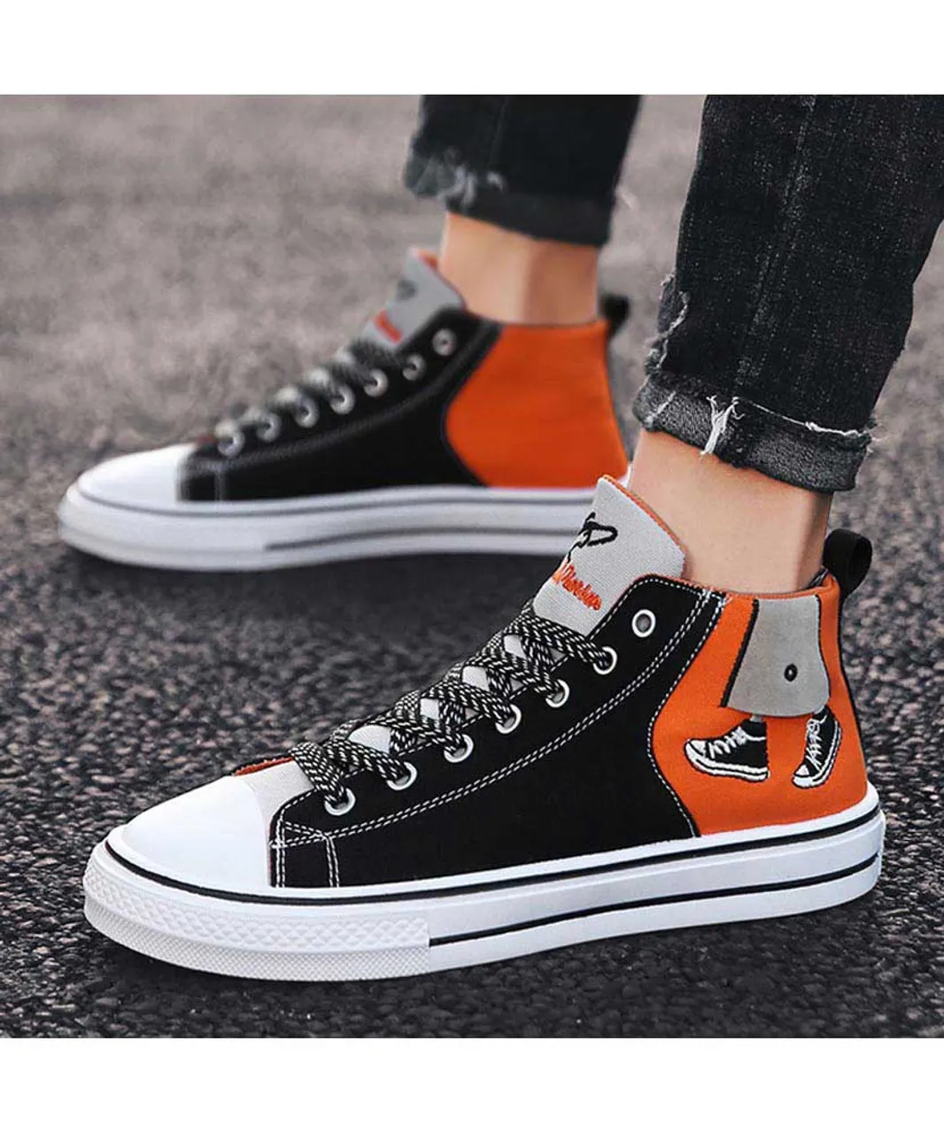 Black orange canvas walking pattern shoe sneaker boot