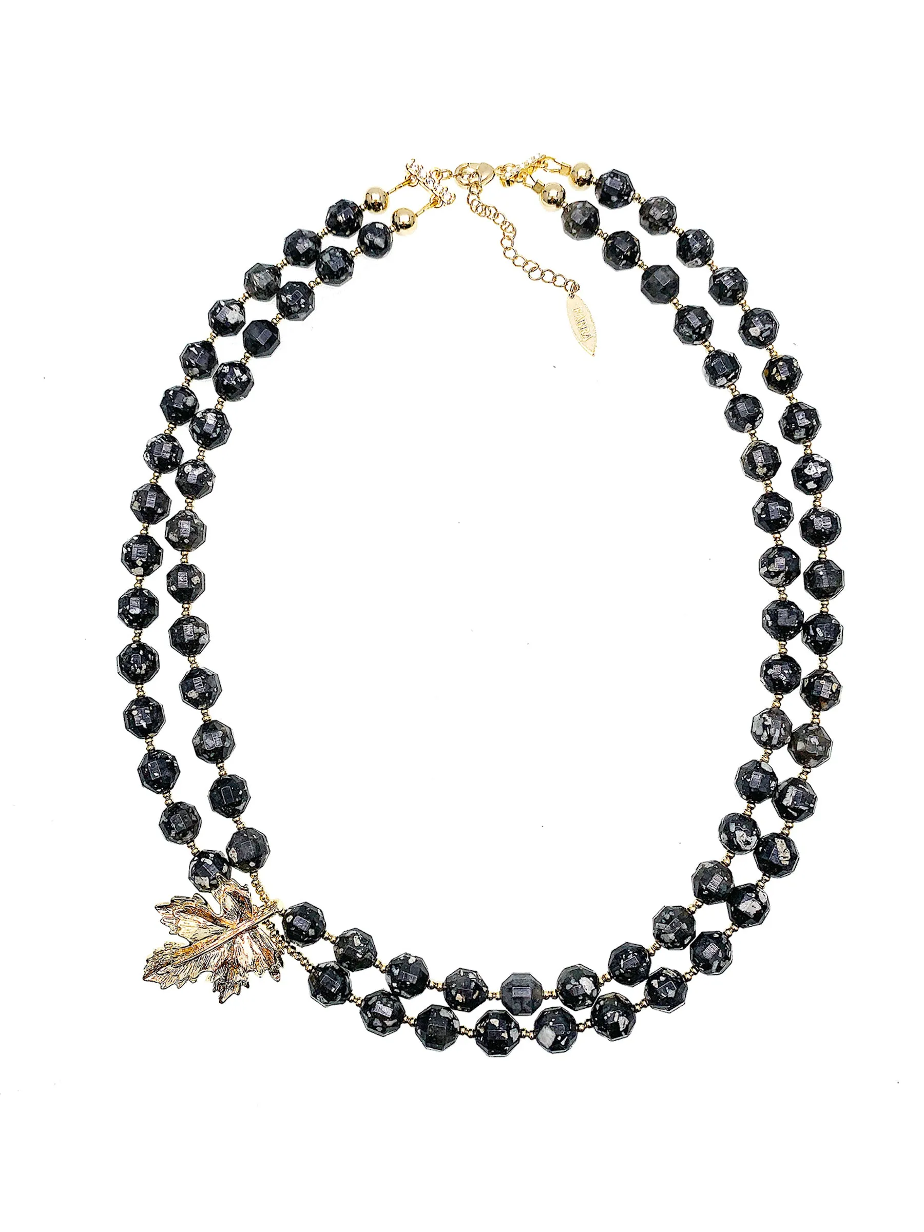 Black Snowflake Obsidian With Maple Leaf Double Layers Necklace HN037