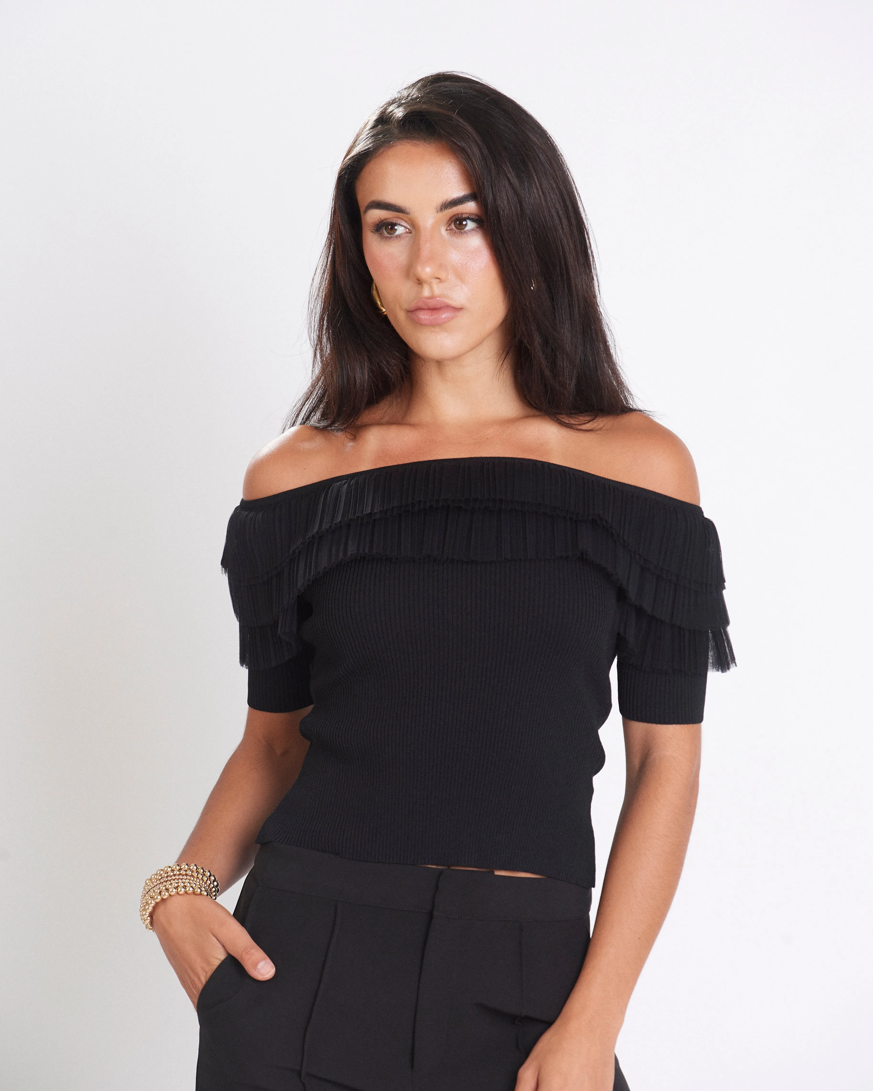 Black Tulle Off Shoulder Top