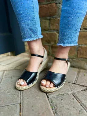 Black Weave Wedge Strap Sandals