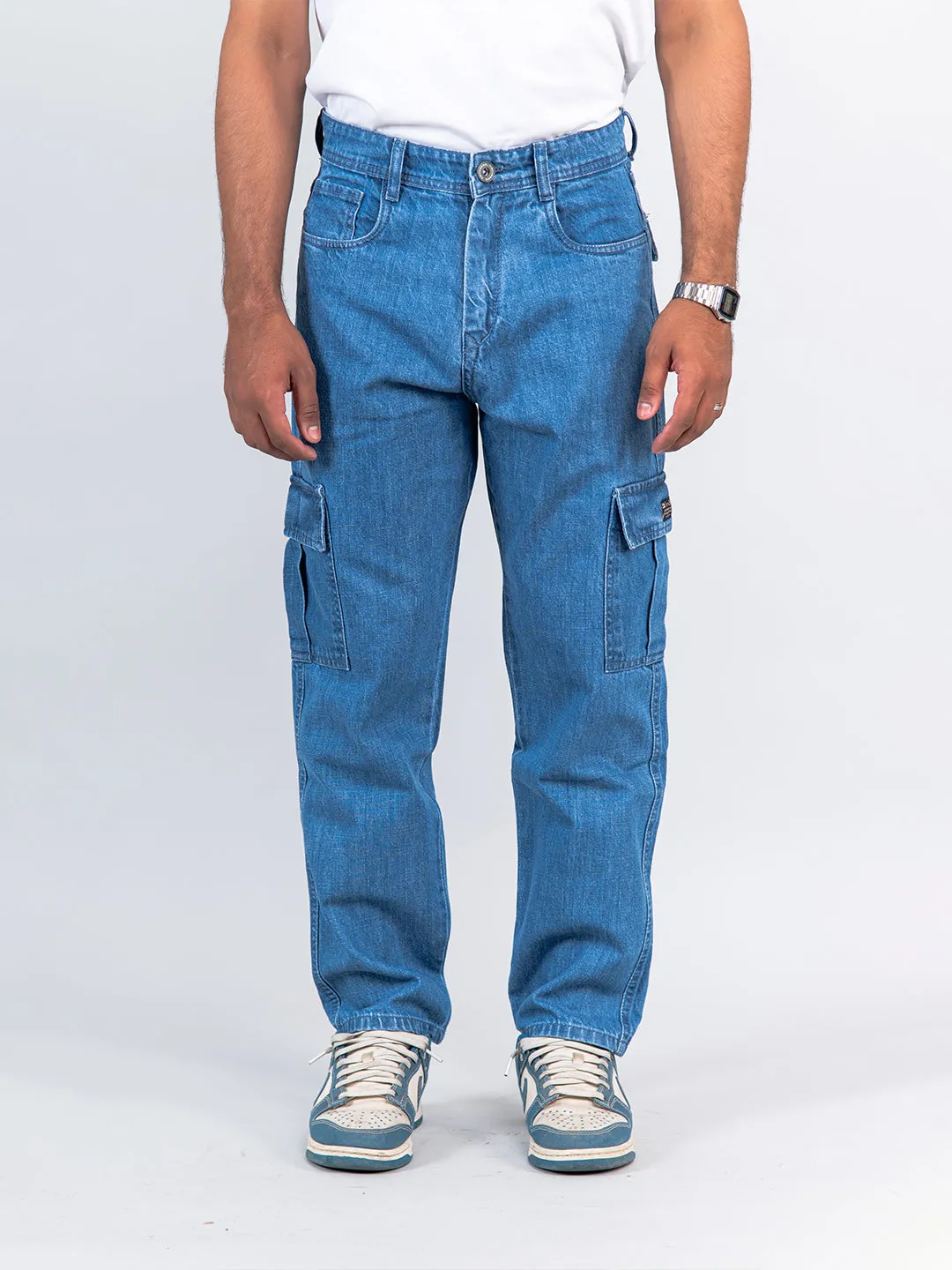 Blue Baggy-Fit Cargo Denim Jeans