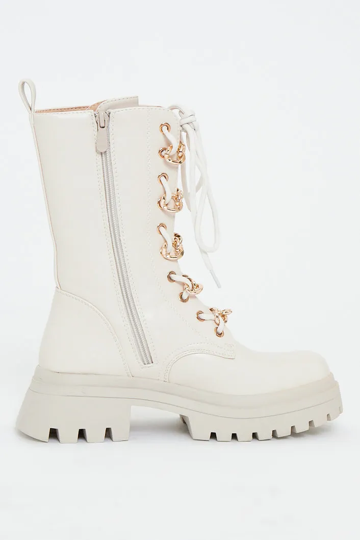 Cream Chain Detail Faux Leather Boots - Niska