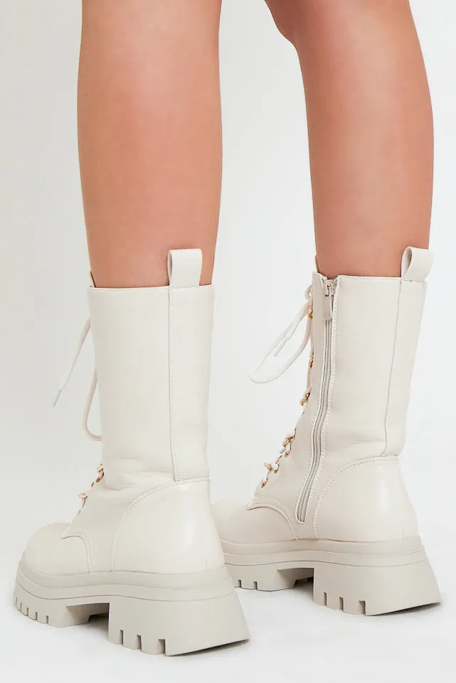 Cream Chain Detail Faux Leather Boots - Niska