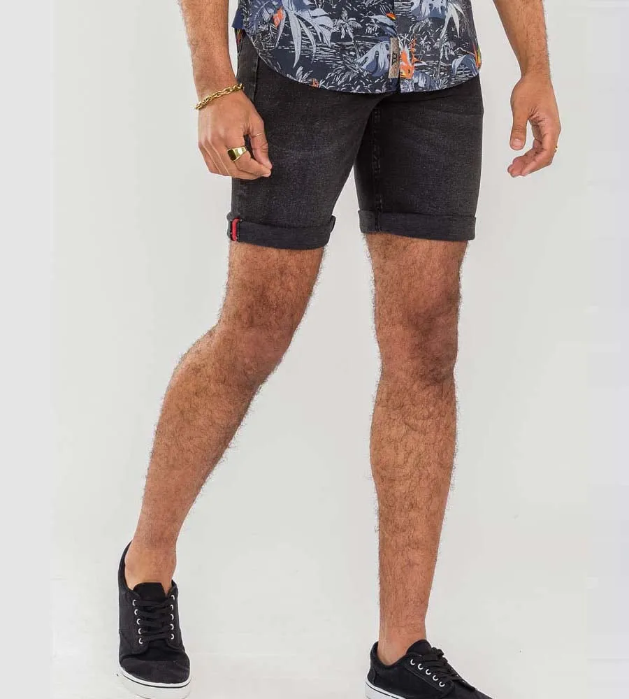 D555 Mens Black Stretch Denim Shorts (GENEVA)