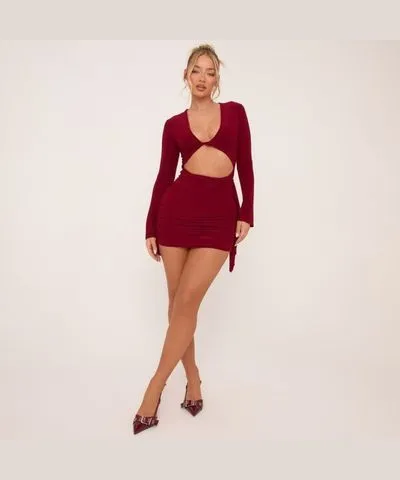 EGO High Waist Fill Side Mini Bodycon Skirt In Burgundy Slinky