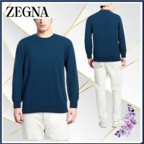 Ermenegildo Zegna  |Crew Neck Cashmere Long Sleeves Plain Oversized Logo Luxury