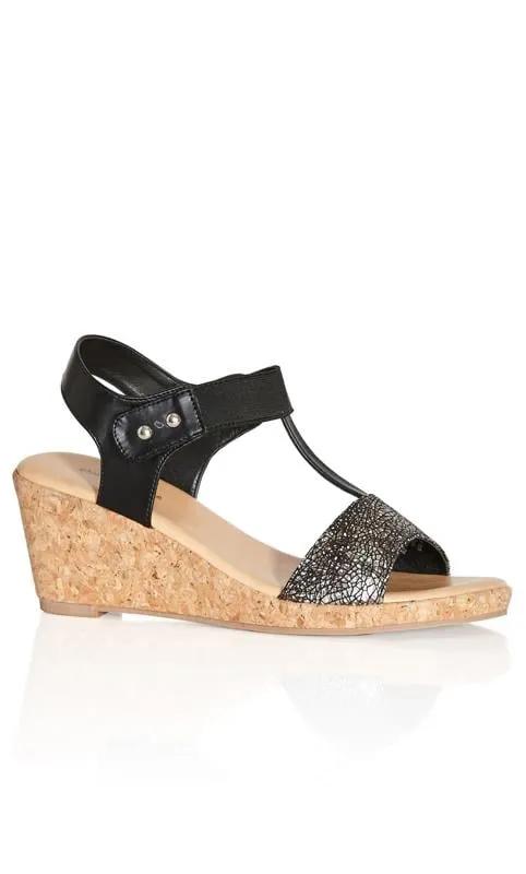 Evans Black & Gold Cork Wedge Sandals