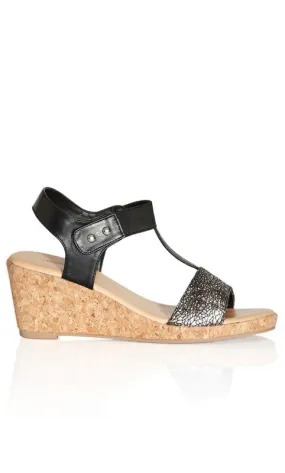 Evans Black & Gold Cork Wedge Sandals