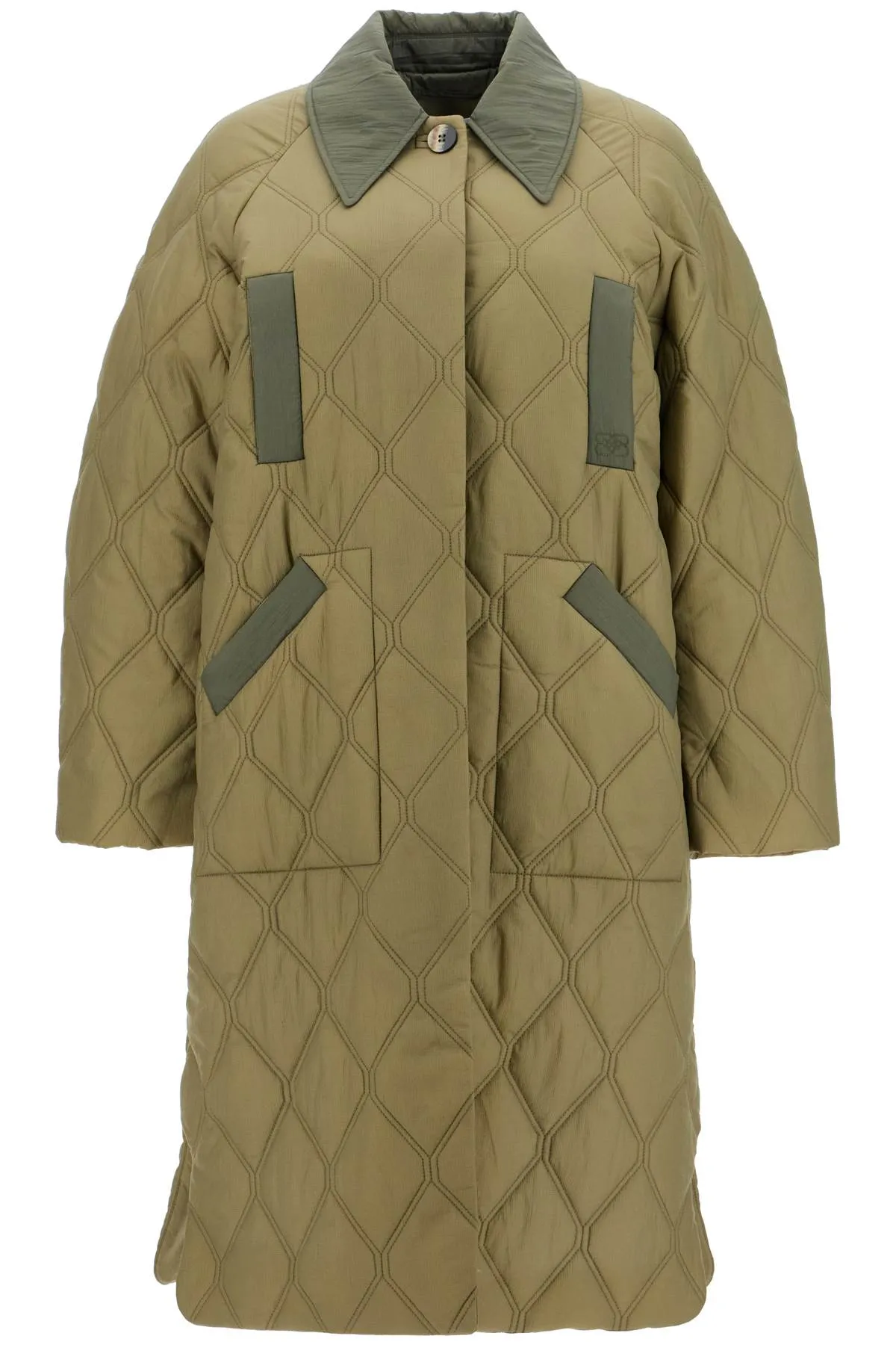 Ganni Long Quilted Padded Coat   Khaki