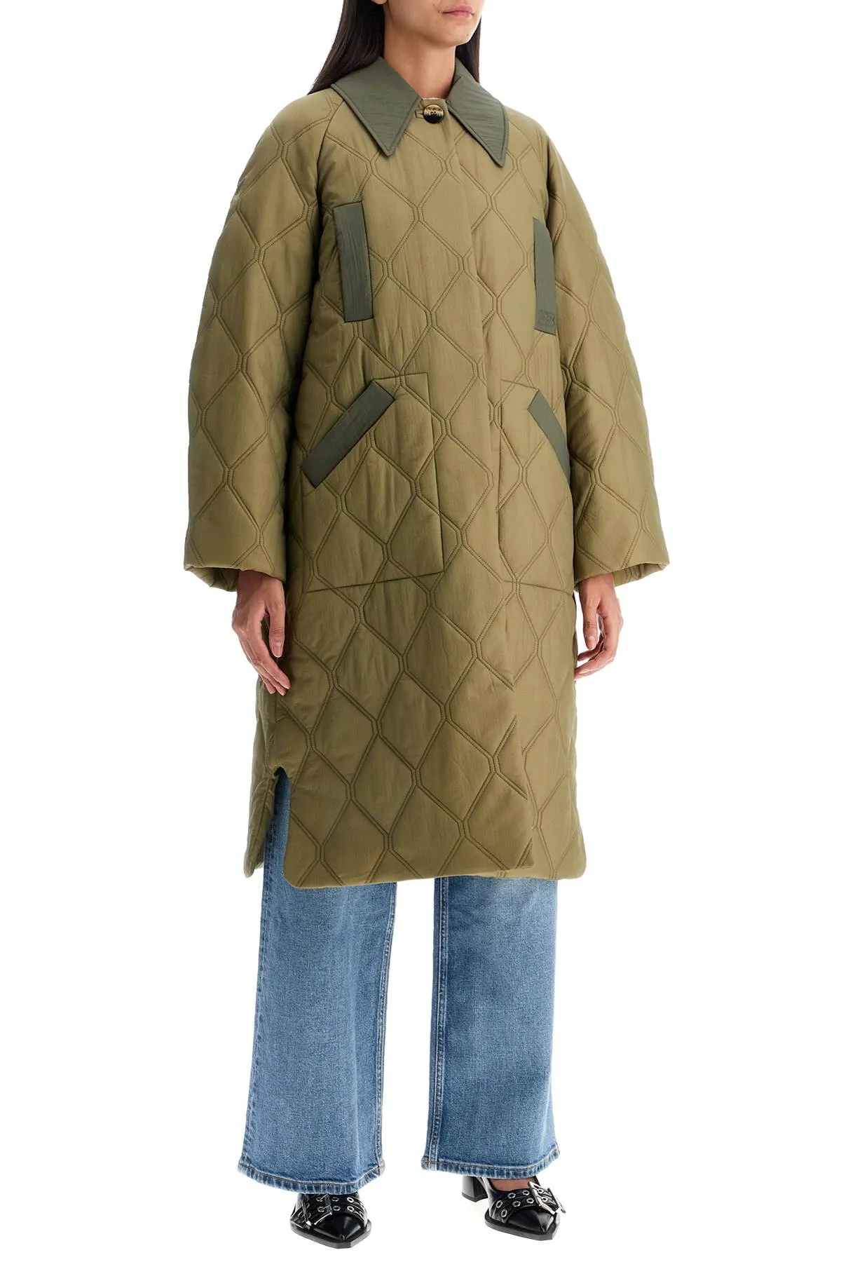 Ganni Long Quilted Padded Coat   Khaki