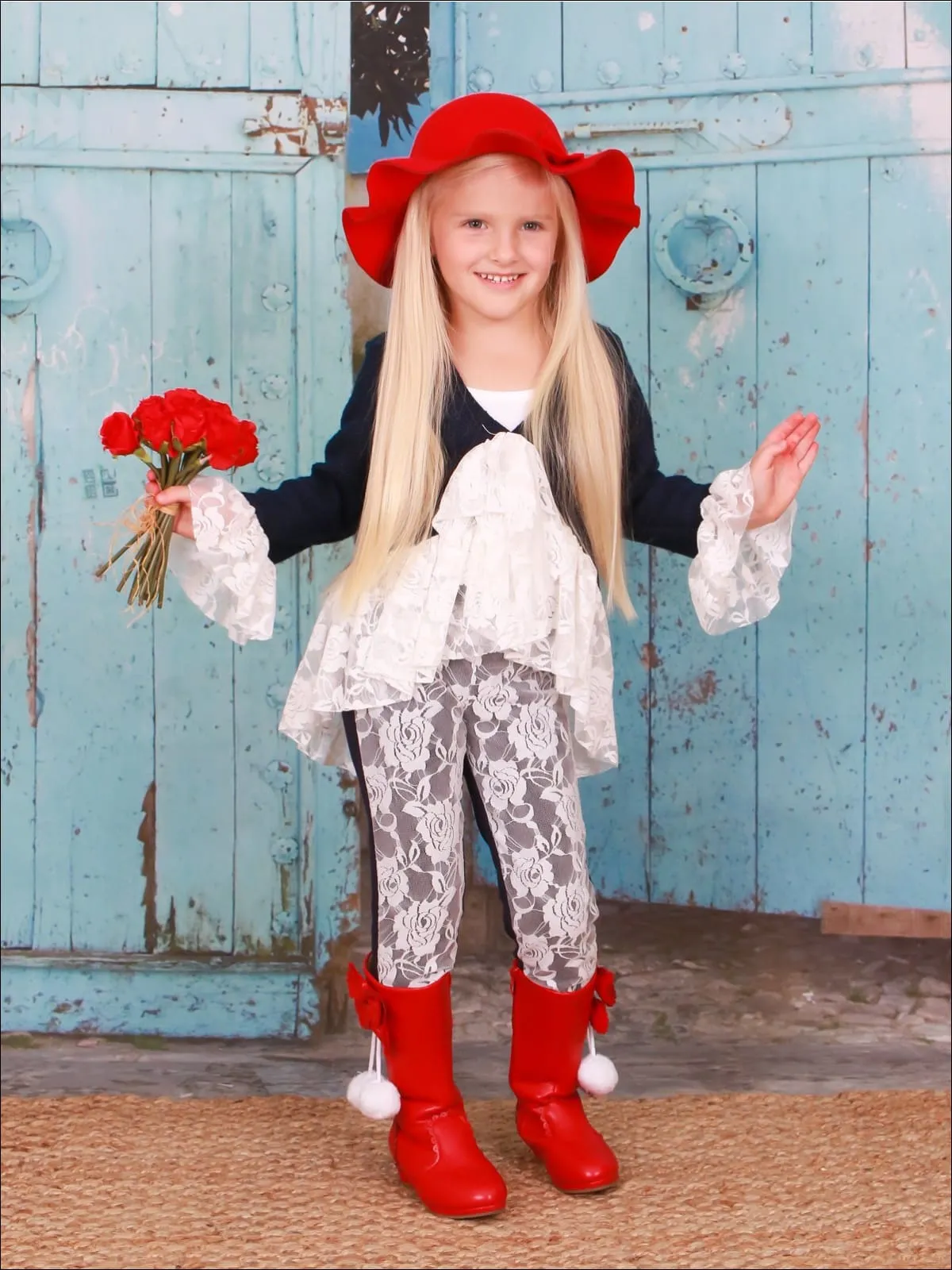 Girls Preppy Tweed Ruffled Lace Front Tie Jacket And Lace Legging Set