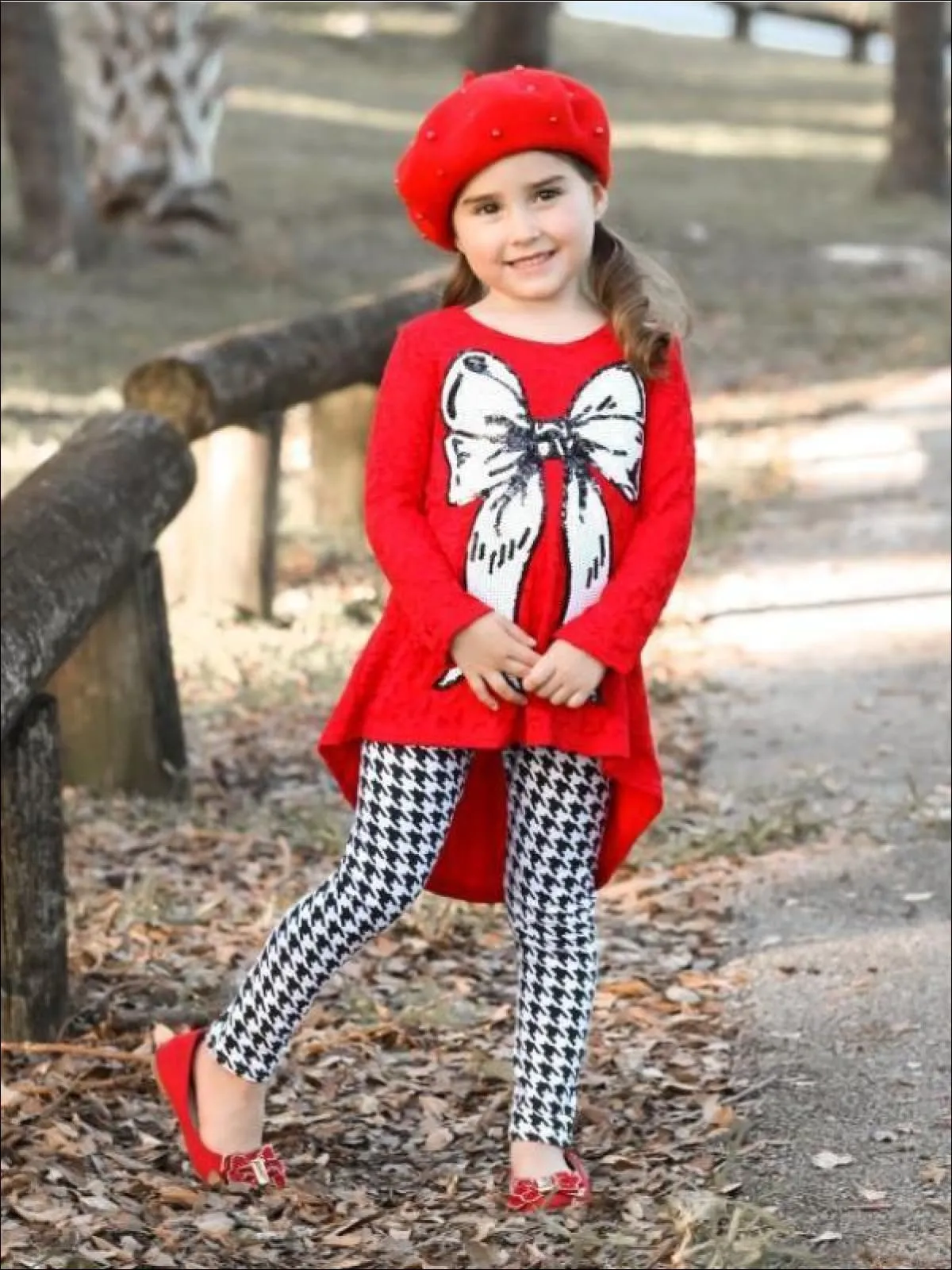 Girls Red Hi-Lo Lace Tunic And Houndstooth Legging Set with Bow Applique