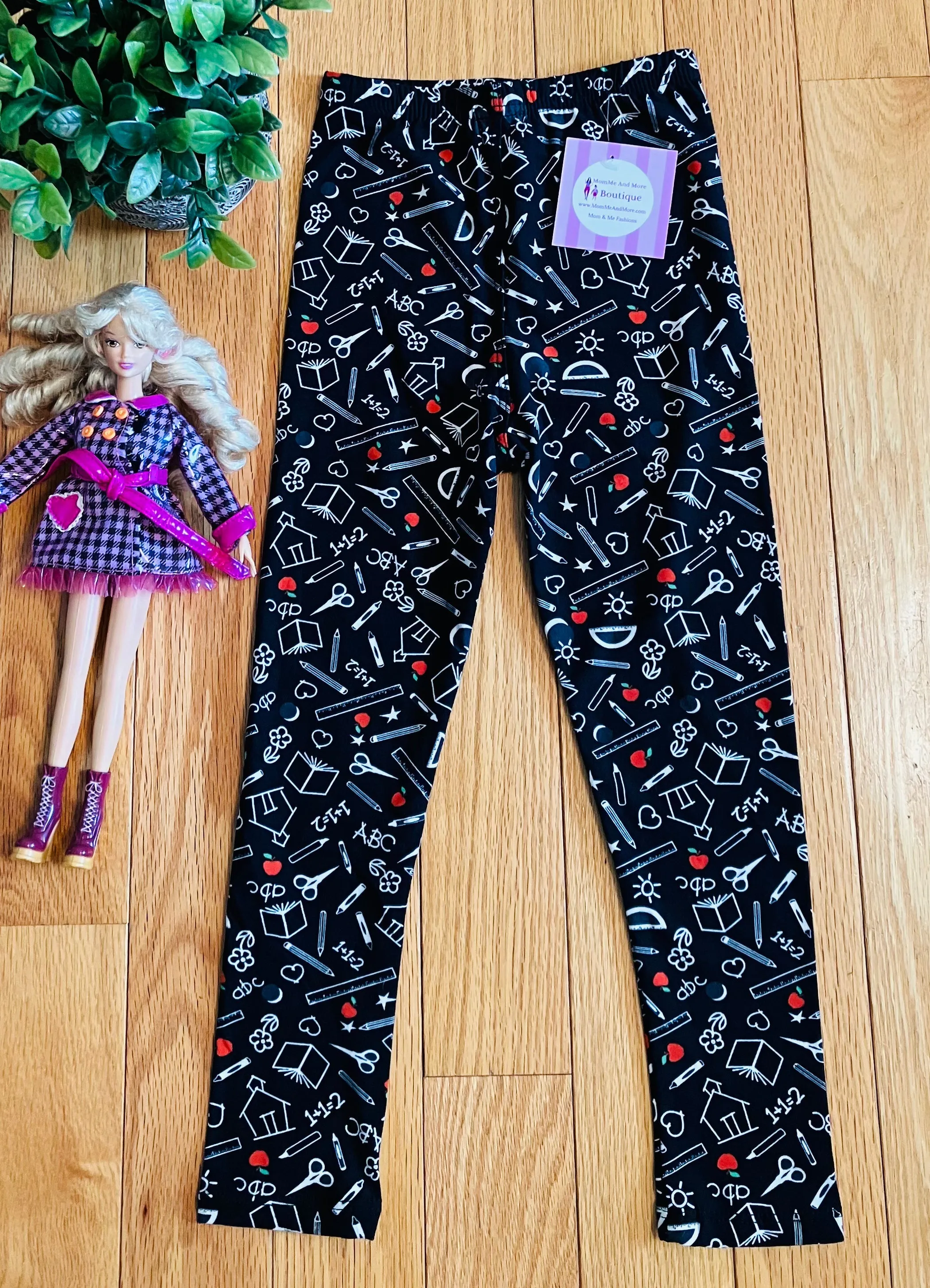 Girls School Printed Leggings, Kids Yoga Pants, Sizes S/L, No-Roll Waist, Black