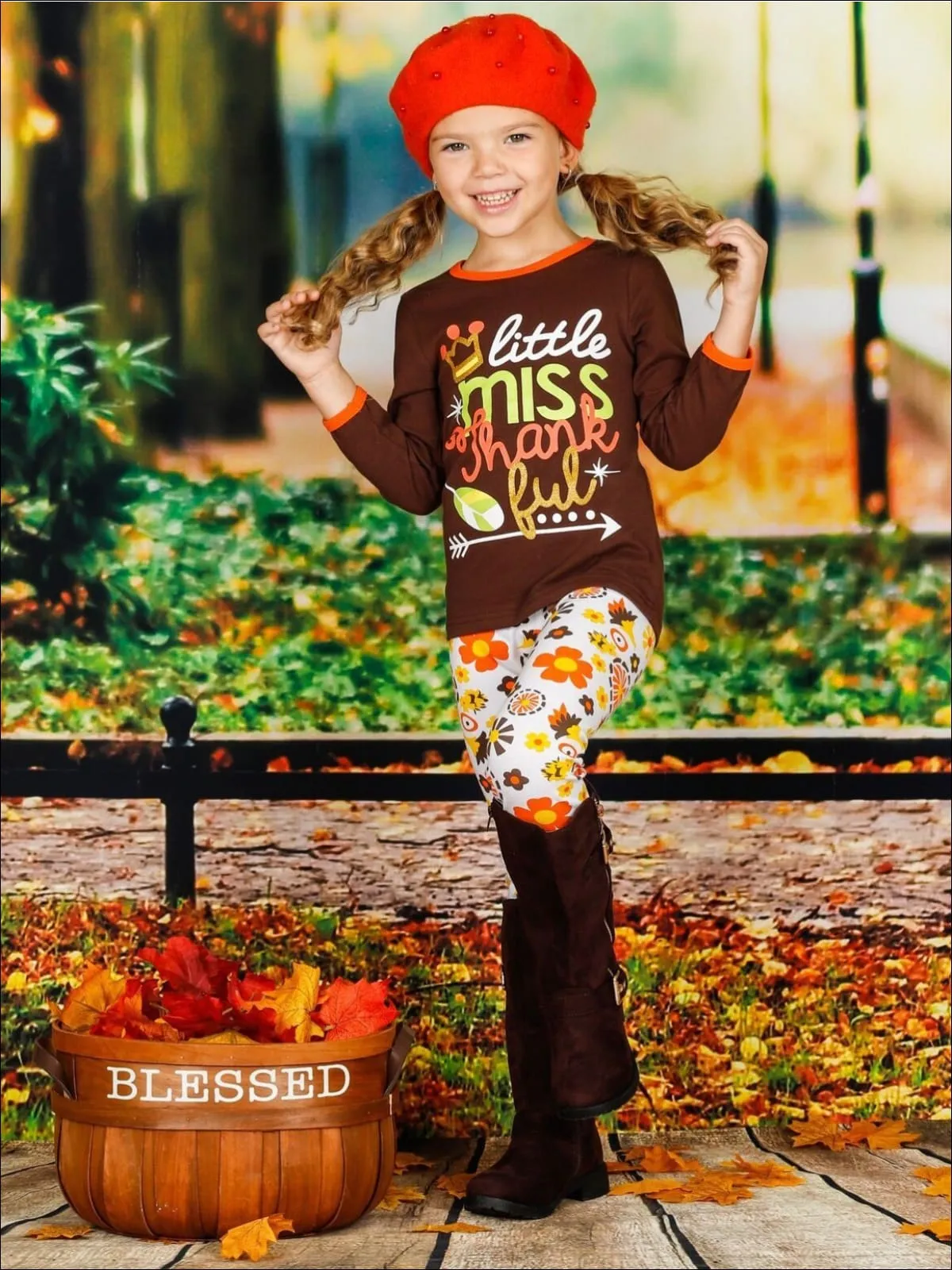 Girls Thanksgiving Themed Little Miss Thankful Long Sleeve Top And Printed Legging Set