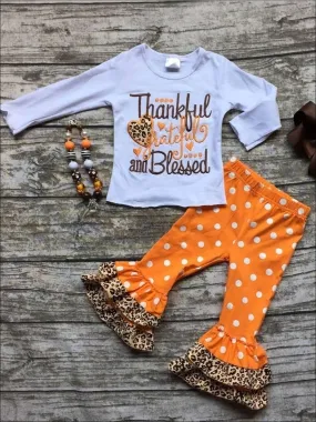 Girls Thanksgiving Themed Thankful Grateful And Blessed Long Sleeve Top And Ruffled Polka Dot Legging Set