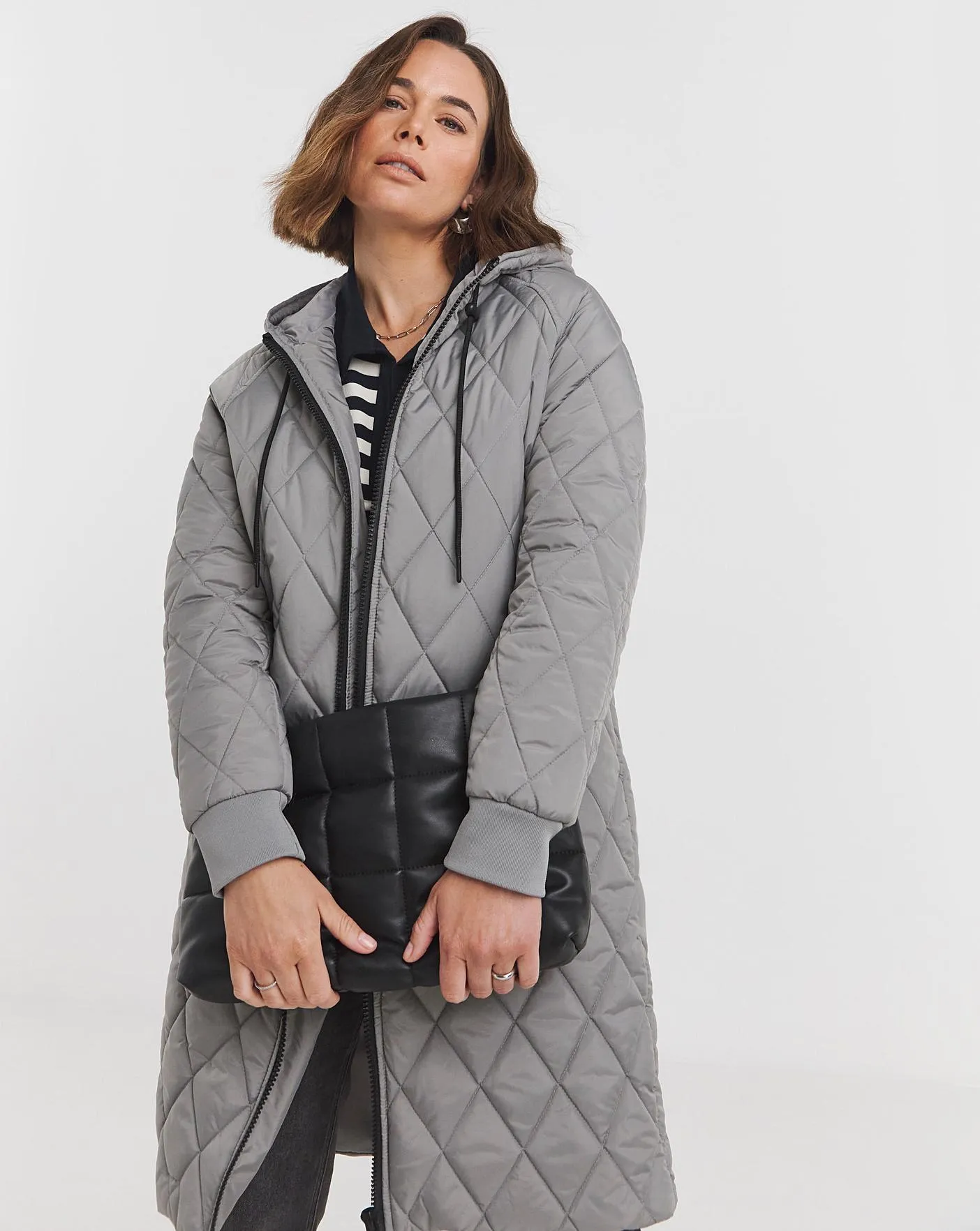 Grey Mid Length Quilted Coat