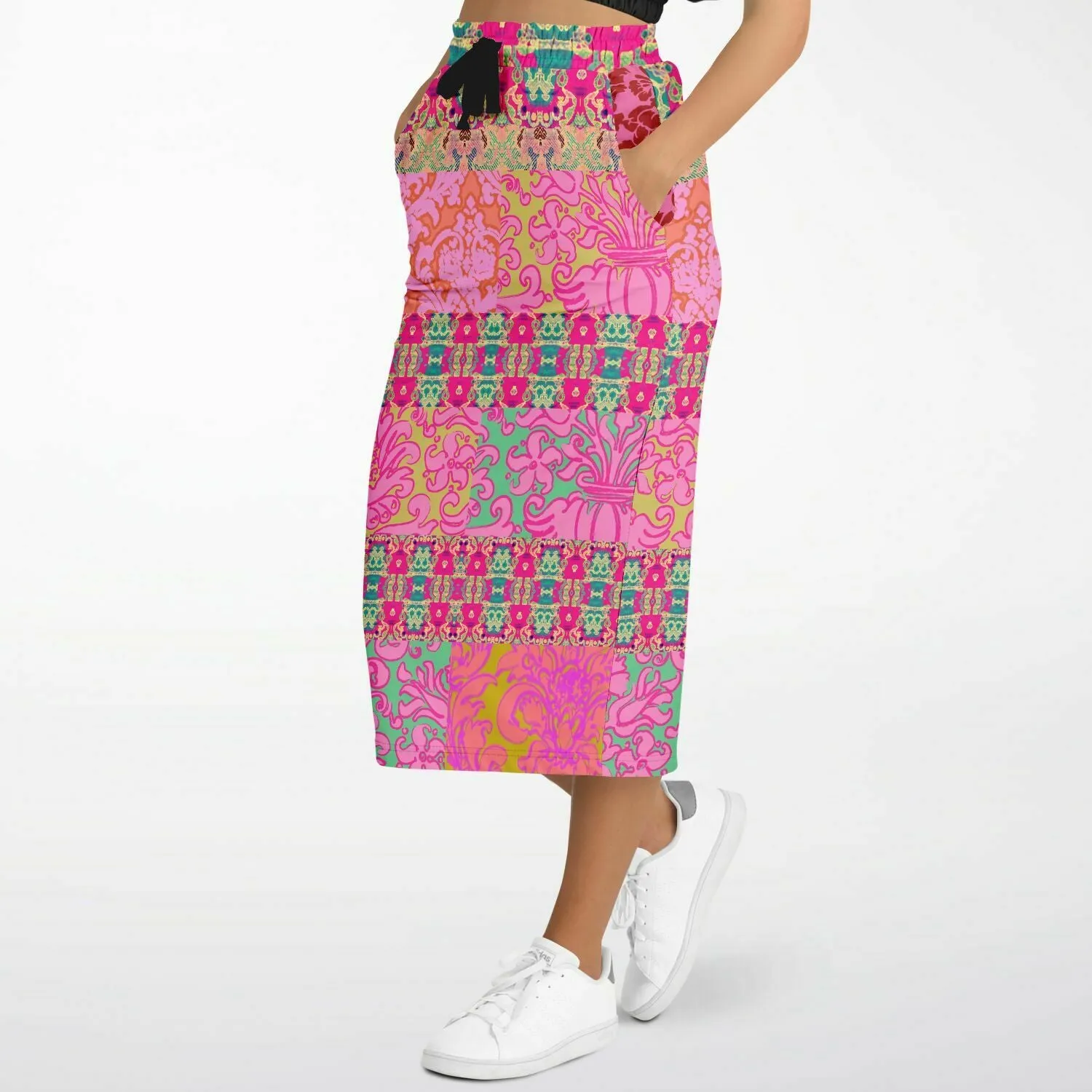 Gypsy Beat Pink Floral Patchwork Eco-Poly Long Pocket Skirt