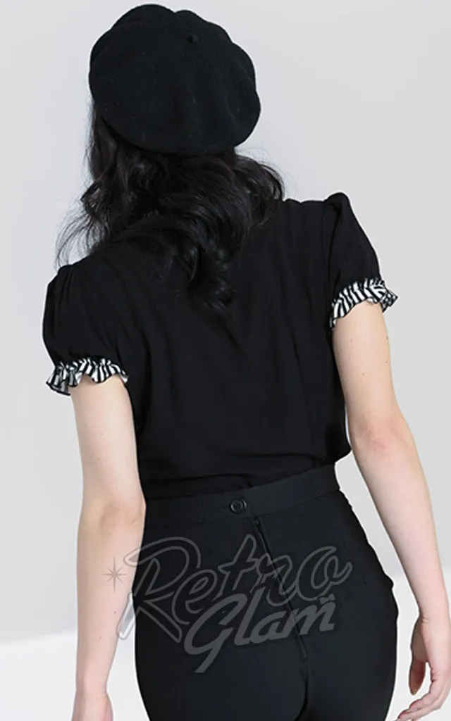 Hell Bunny Leslie Blouse in Black with B & W Stripe Trim