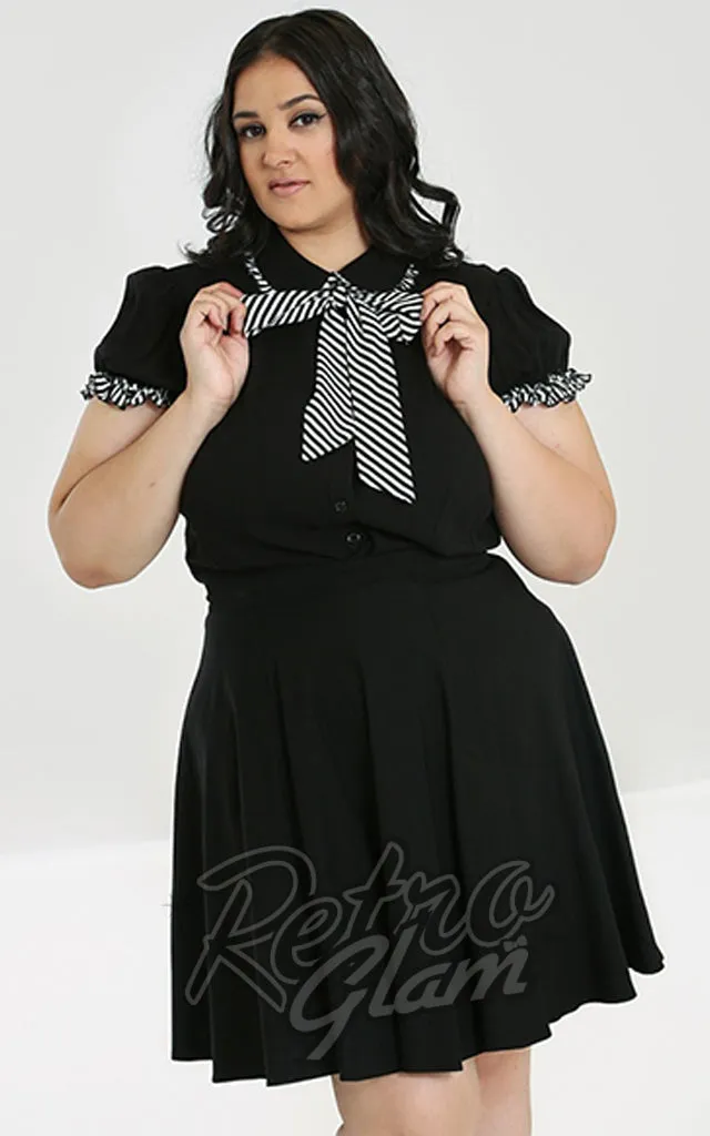 Hell Bunny Leslie Blouse in Black with B & W Stripe Trim