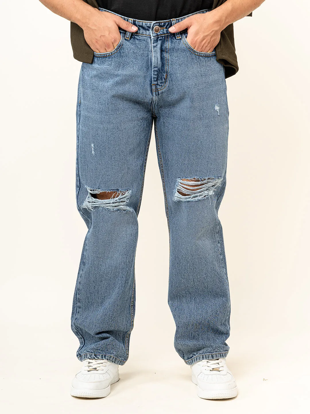 Indigo Knee Cut Baggy Denim jeans