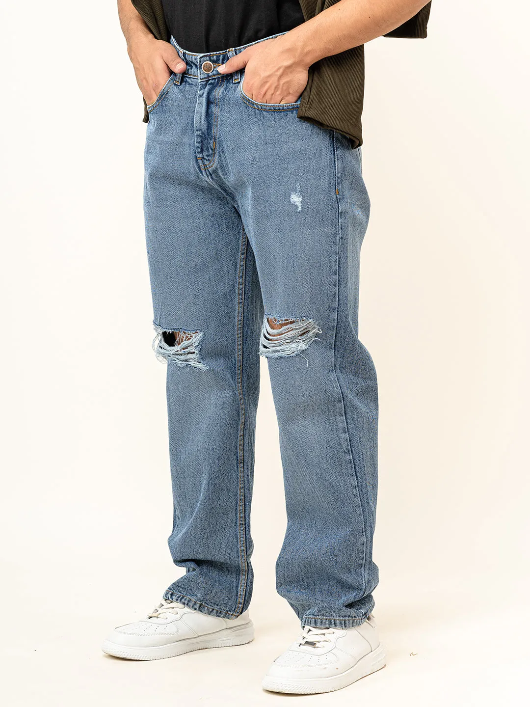 Indigo Knee Cut Baggy Denim jeans