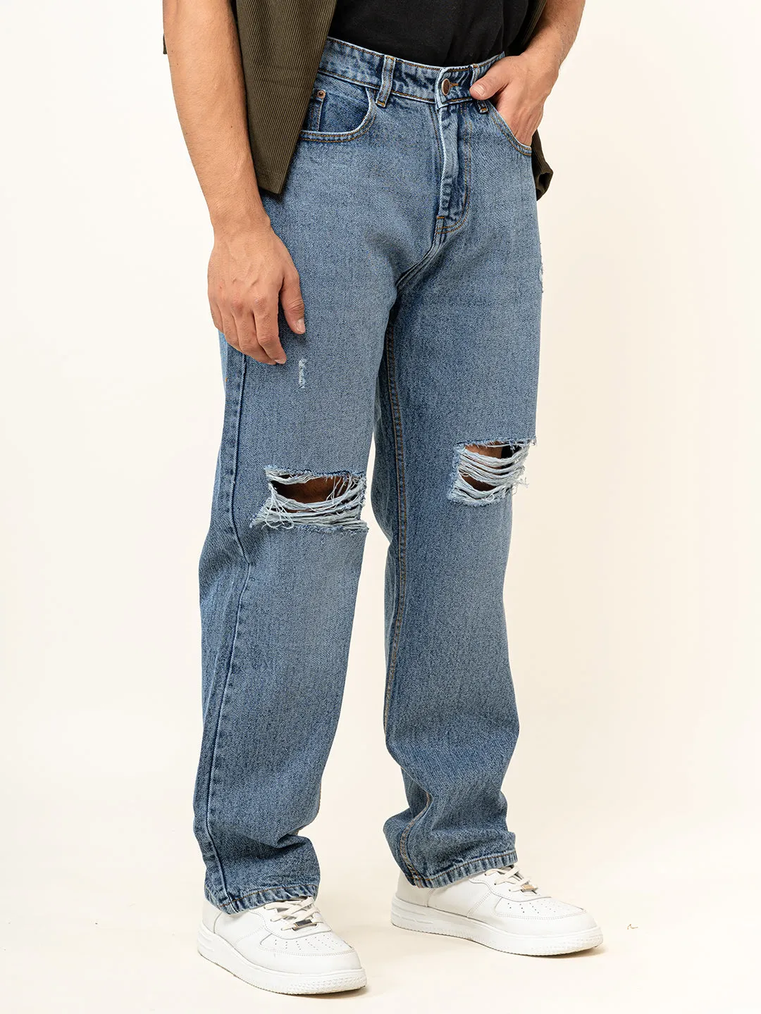 Indigo Knee Cut Baggy Denim jeans