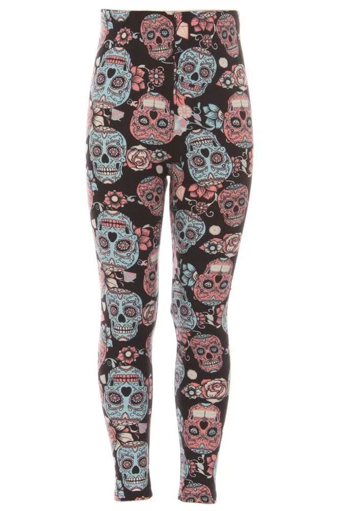 Kid's Black Sugar Skull Pattern Printed Leggings