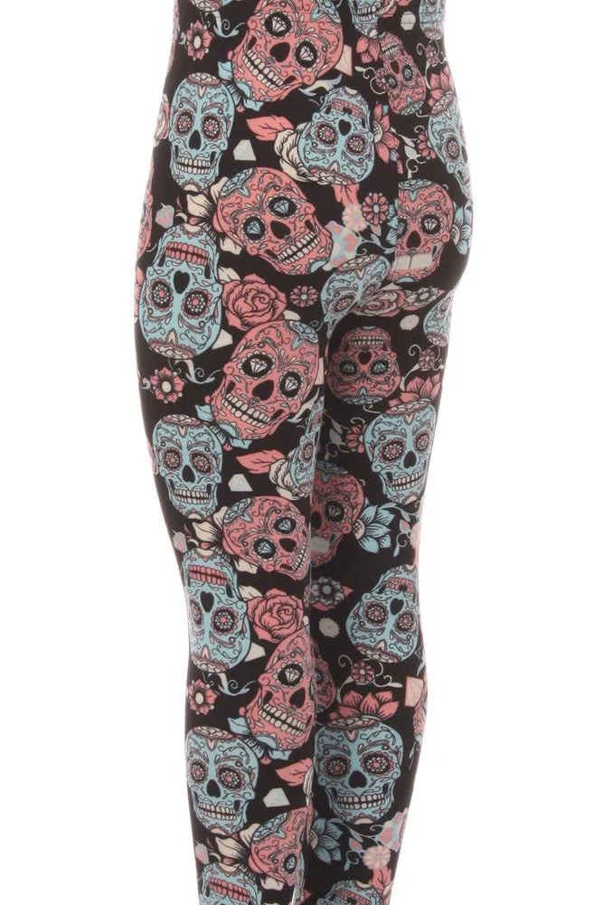 Kid's Black Sugar Skull Pattern Printed Leggings