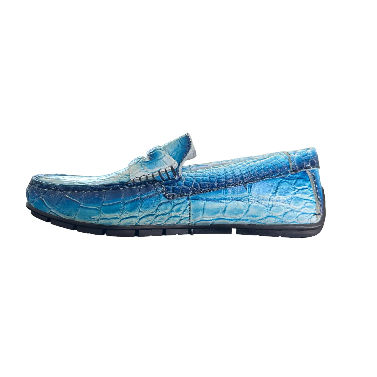 Mauri Sprinter 3517/1 Men's Shoes White with Dirty Blue Finish Exotic Alligator Driver Moccasins Loafers (MA5550)