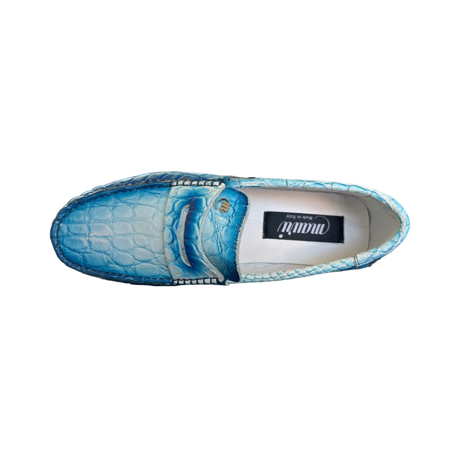 Mauri Sprinter 3517/1 Men's Shoes White with Dirty Blue Finish Exotic Alligator Driver Moccasins Loafers (MA5550)