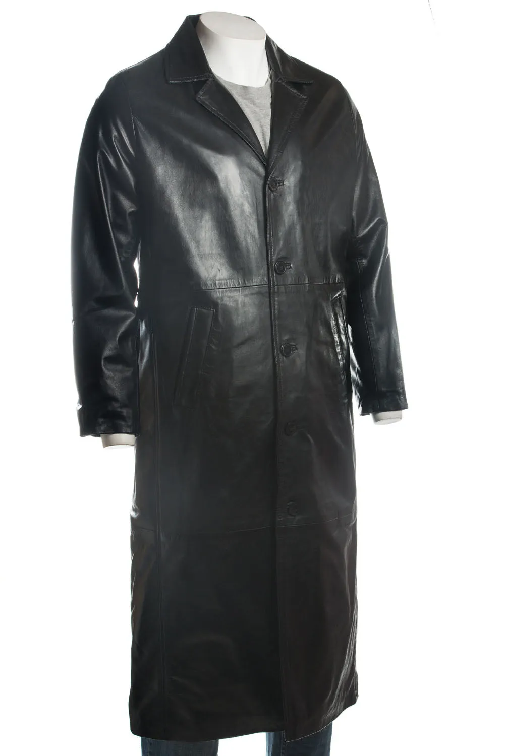 Men's Black Classic Full Length Leather Button-Up Coat: Daniel