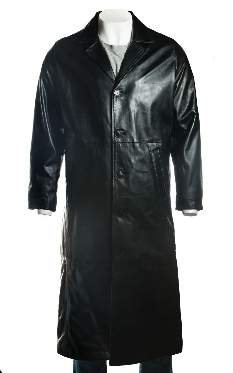 Men's Black Classic Full Length Leather Button-Up Coat: Daniel