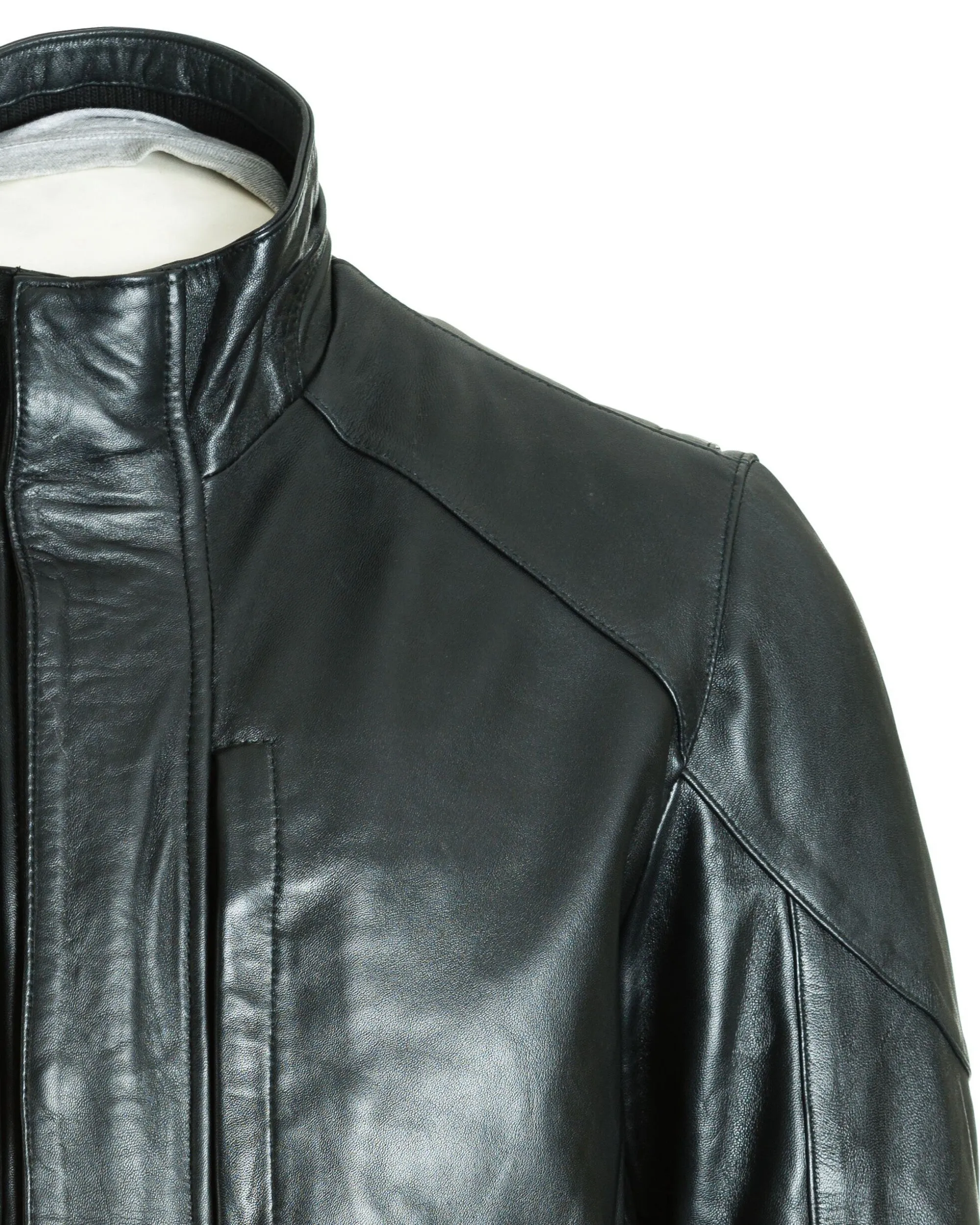 Men's Black Stand Up Collar Leather Coat: Filberte