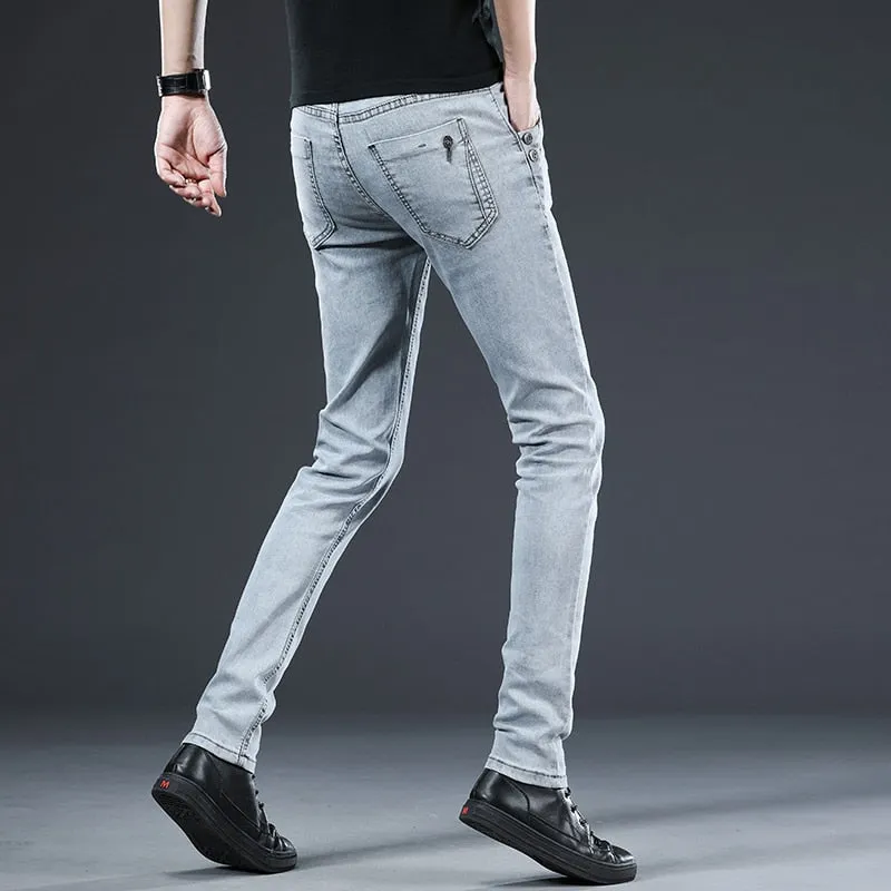 Men's Cotton Casual Solid Pattern Mid Waist Stretchy Youth Skinny Pants