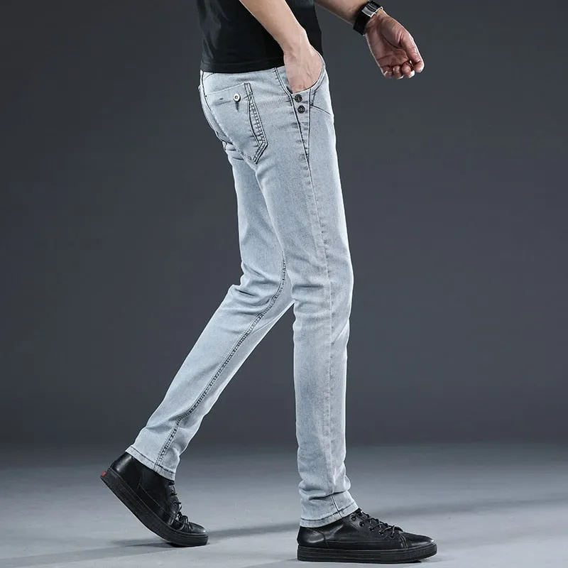 Men's Cotton Casual Solid Pattern Mid Waist Stretchy Youth Skinny Pants