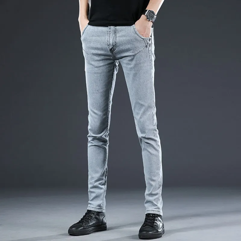 Men's Cotton Casual Solid Pattern Mid Waist Stretchy Youth Skinny Pants