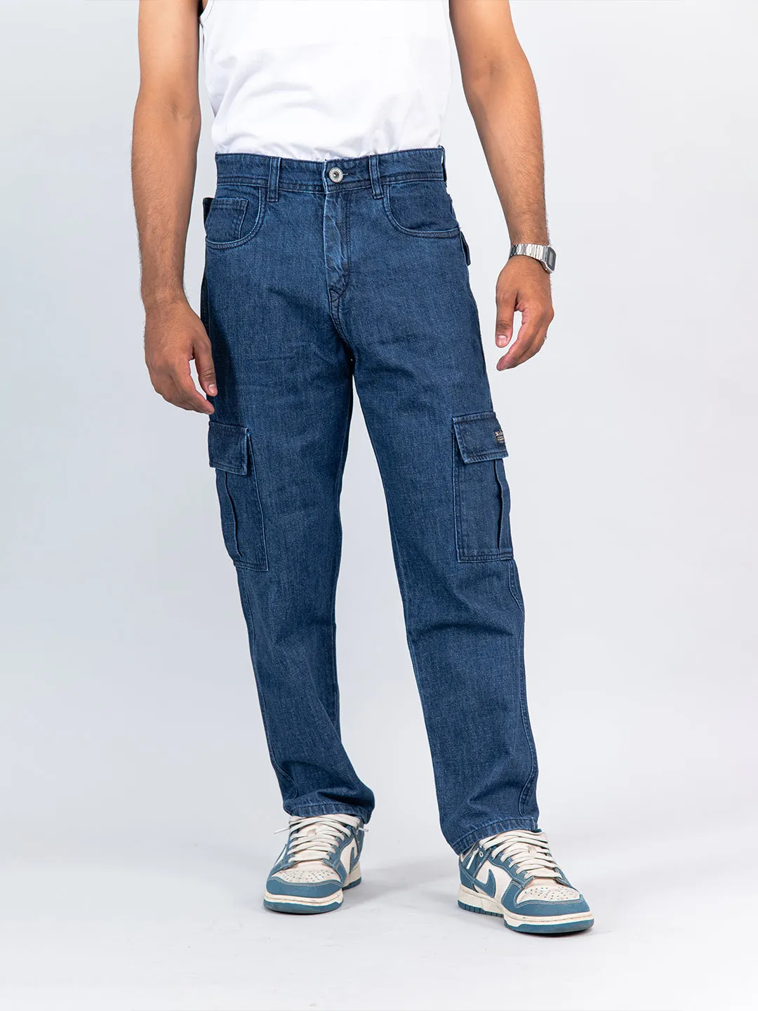 Mid Blue Baggy-Fit Cargo Denim Jeans