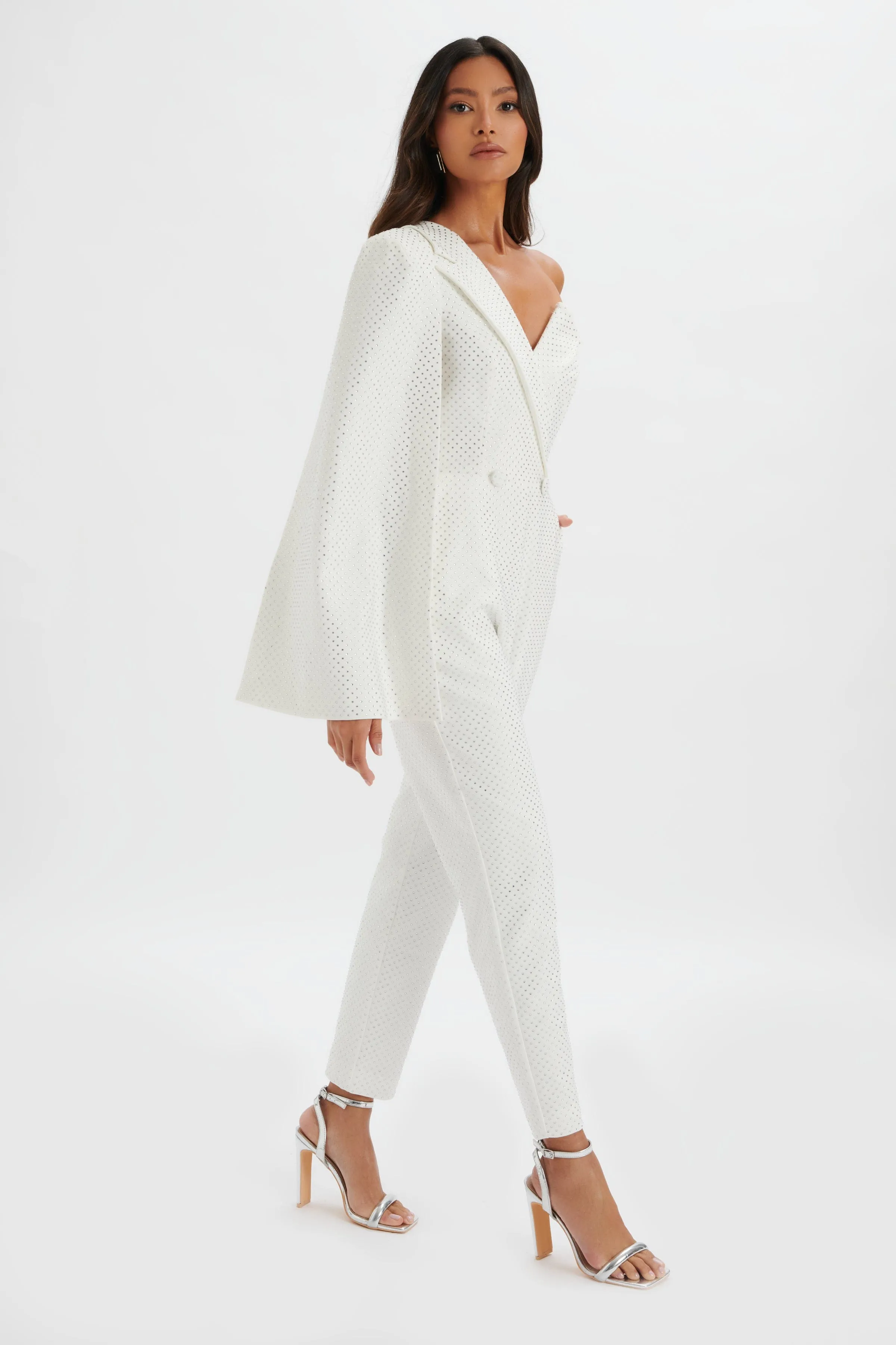 MISCHA Crystal Embellished One Shoulder Cape Jumpsuit in White