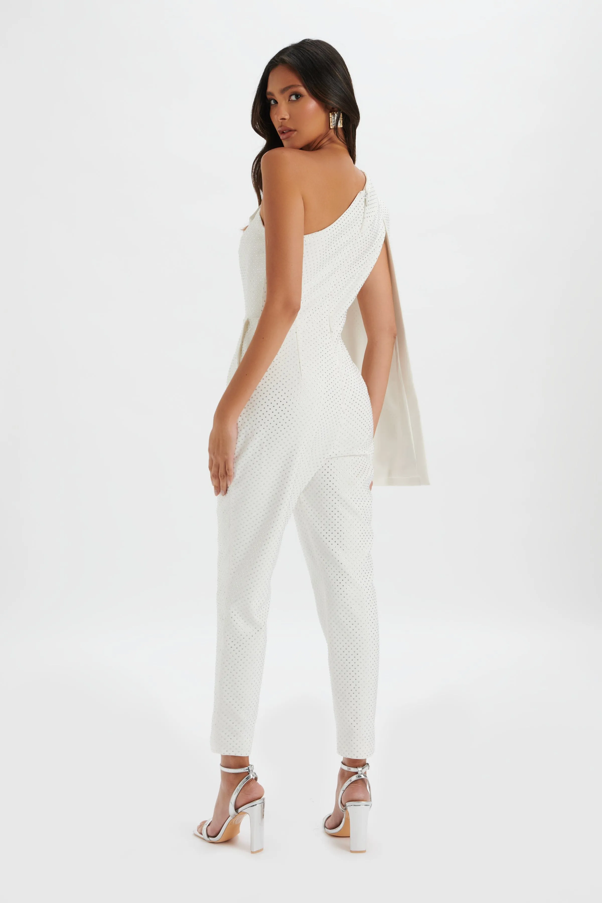 MISCHA Crystal Embellished One Shoulder Cape Jumpsuit in White