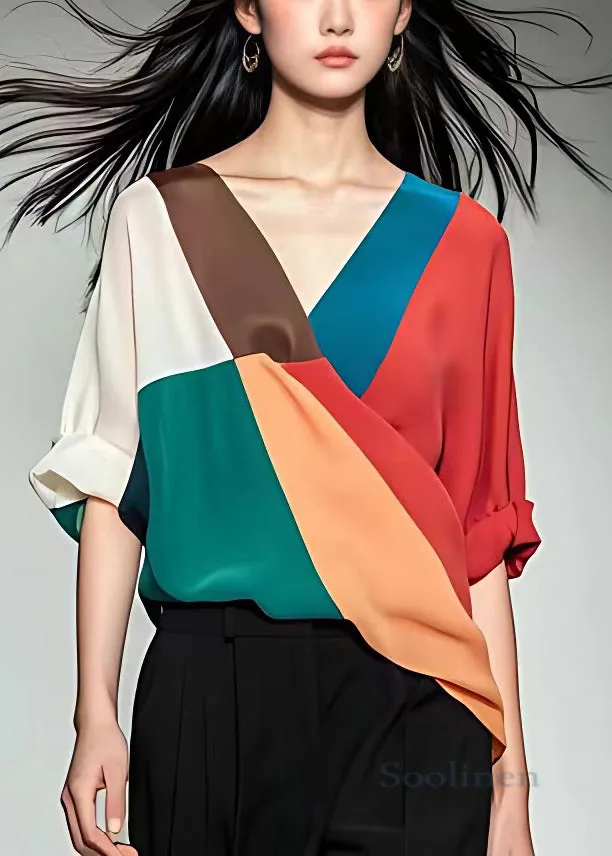 New Colorblock V Neck Patchwork Silk Shirts Half Sleeve