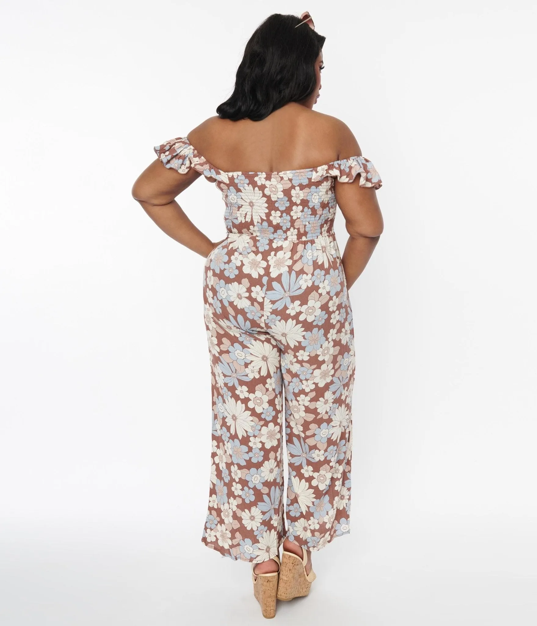 Plus Size Brown & Muted Florals Off The Shoulder Jumpsuit