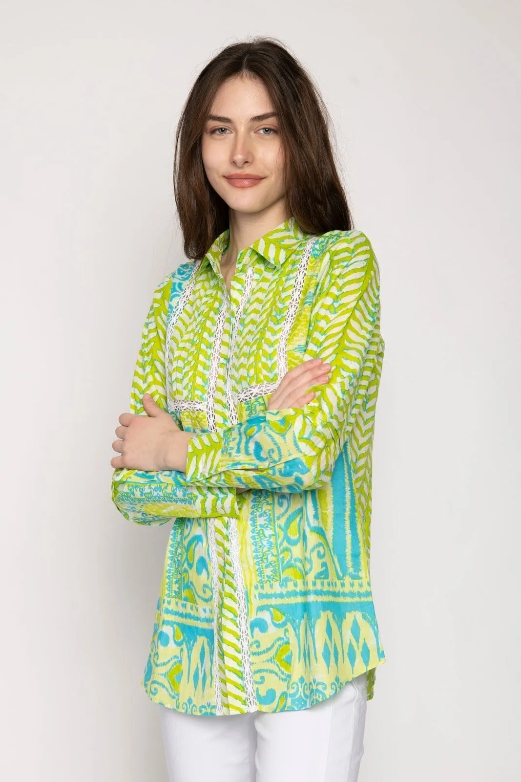 Printed Pintuck Blouse - Lime