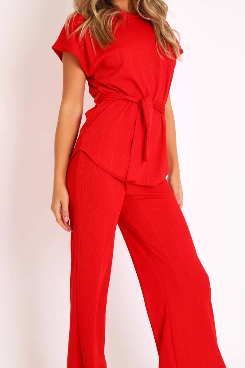 Red Ribbed Belted Top and Wide Leg Trouser Co-ord - Tyla