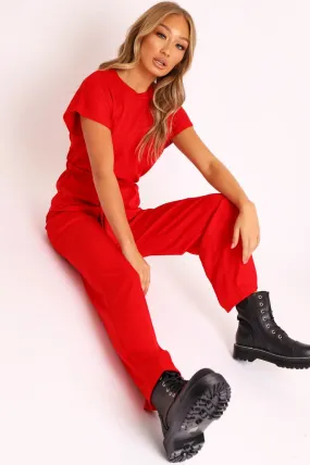 Red Ribbed Belted Top and Wide Leg Trouser Co-ord - Tyla