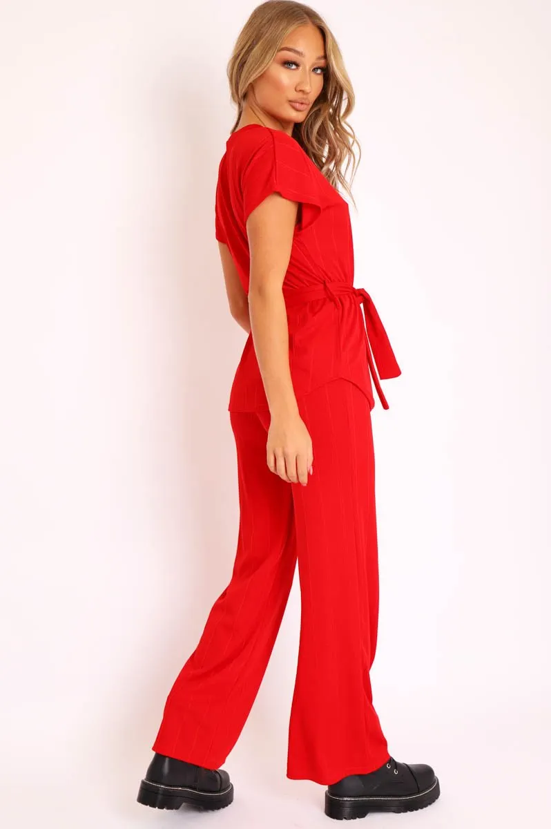 Red Ribbed Belted Top and Wide Leg Trouser Co-ord - Tyla